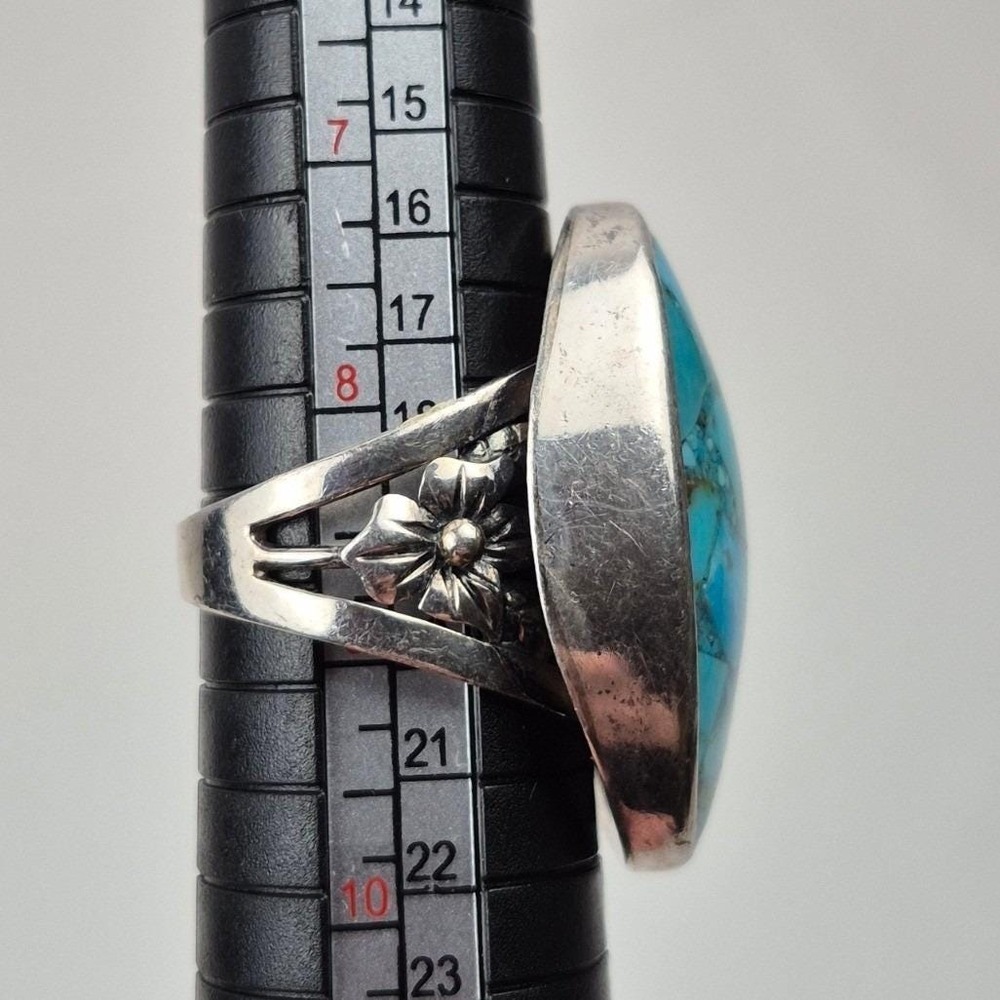 Sterling Silver Turquoise Ring Size 8.5 Statement Floral Scroll Boho 925 Signed - Picture 10 of 12